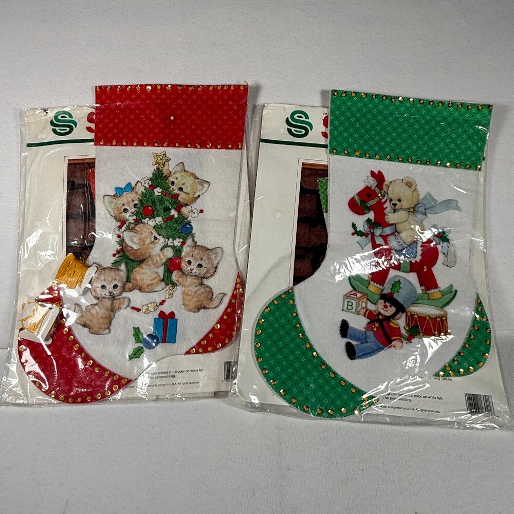 2pc Christmas Toys and Kitties Stocking Kits Sunset Fabric Embroidery Applique